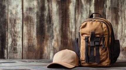 Casual Backpack and Cap on a Rustic Wooden Background