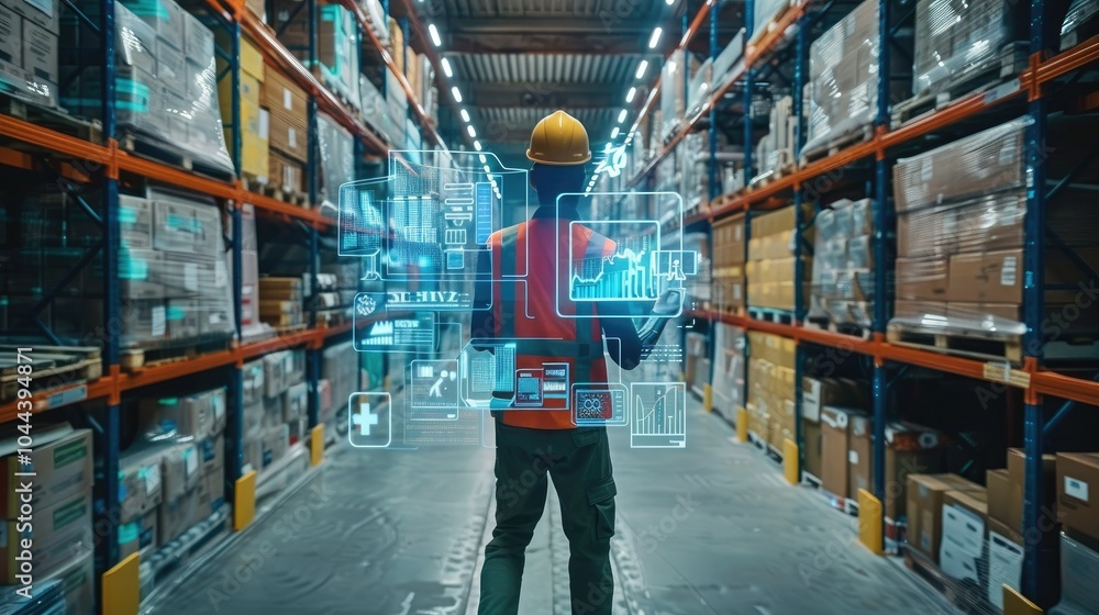 Poster warehouse worker utilizing augmented reality for inventory management