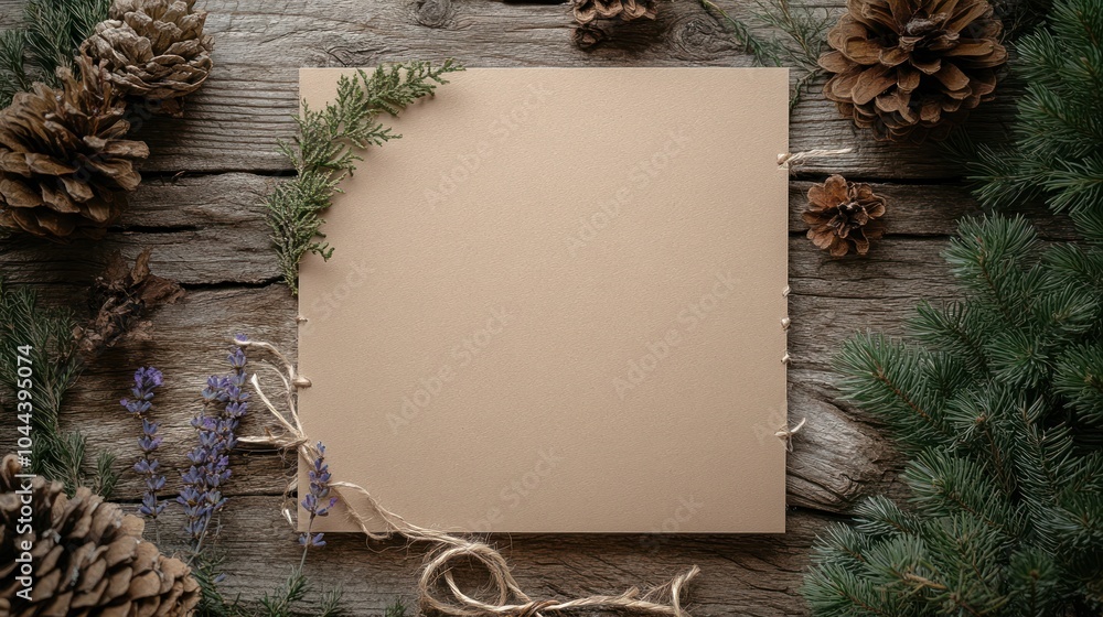 Poster a rustic flat lay featuring natural elements and a blank page for creative projects.