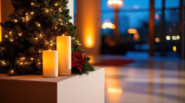 Festive candles and Christmas decor create a warm ambiance in a cozy indoor setting.