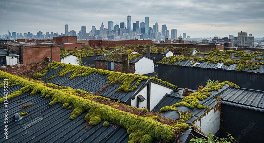 Poster rooftops covered with vines and moss merging with the skyline background nature takeover creating a 