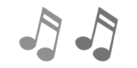 Pixel halftone music notes icon. Vector halftone composition of music notes icon designed of circle items.