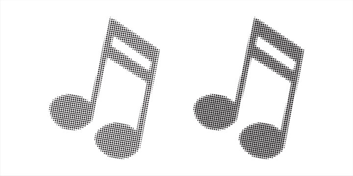 Pixel halftone music notes icon. Vector halftone composition of music notes icon designed of circle items.