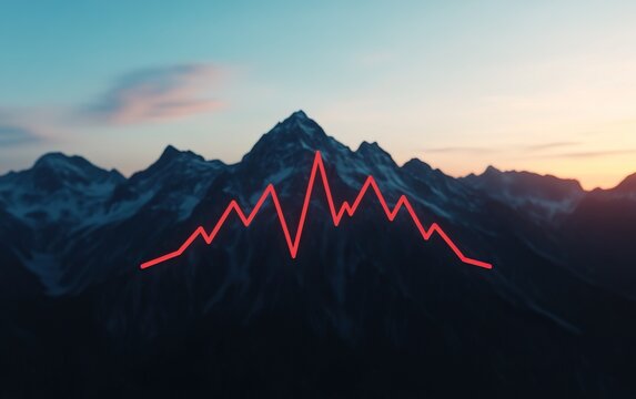 Majestic mountain range at sunset with a bold red line graph overlay.