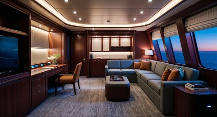 Spacious crew quarters featuring modular furniture and ambient lighting background comfortable living space promoting relaxation during long journeys