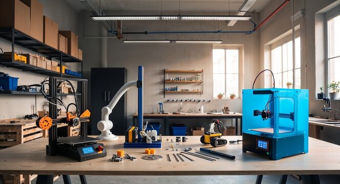 Spacious workshop featuring 3D printers and robotic tools background creative space encouraging innovation and repairs during exploration