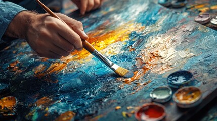 Fototapeta na wymiar Enthusiastic painting session. Featuring an artist with a canvas. Highlighting creativity and expression. Ideal for arts and crafts tutorials.