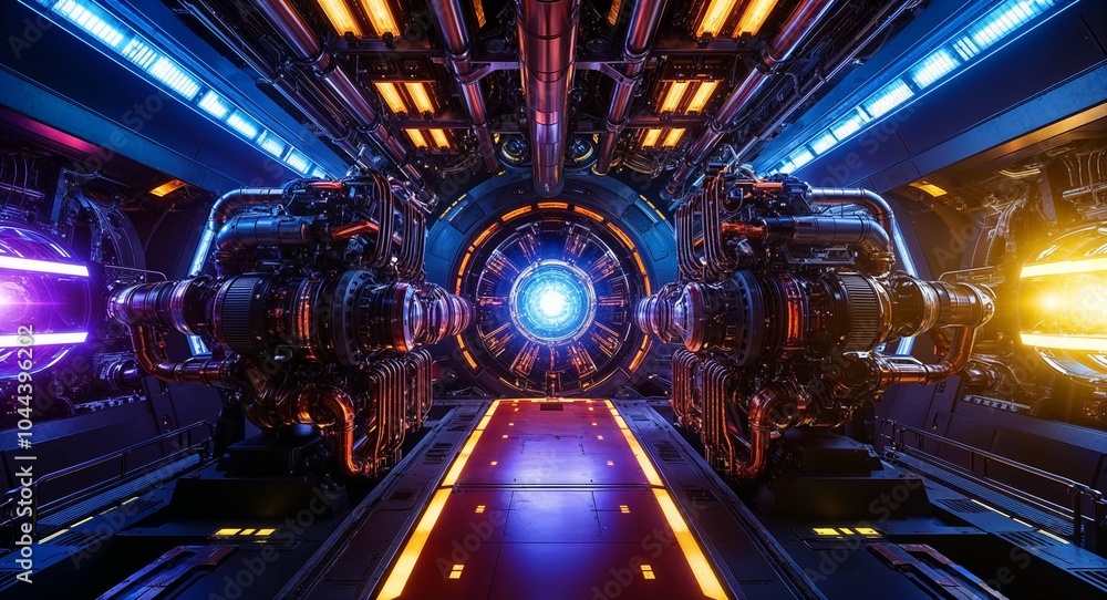 Poster vibrant engine room showcasing pulsating lights and complex machinery background powerful hub genera