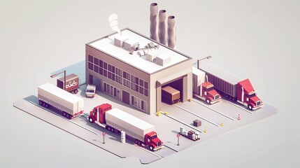 Industrial Complex Icons: Low Poly Factory Building, Warehouse, Office, and Semi-Truck Trailers