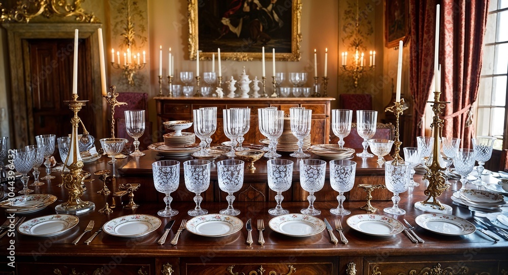 Poster wooden sideboard displaying an array of goblets and ornate dishware in a dining room background rich