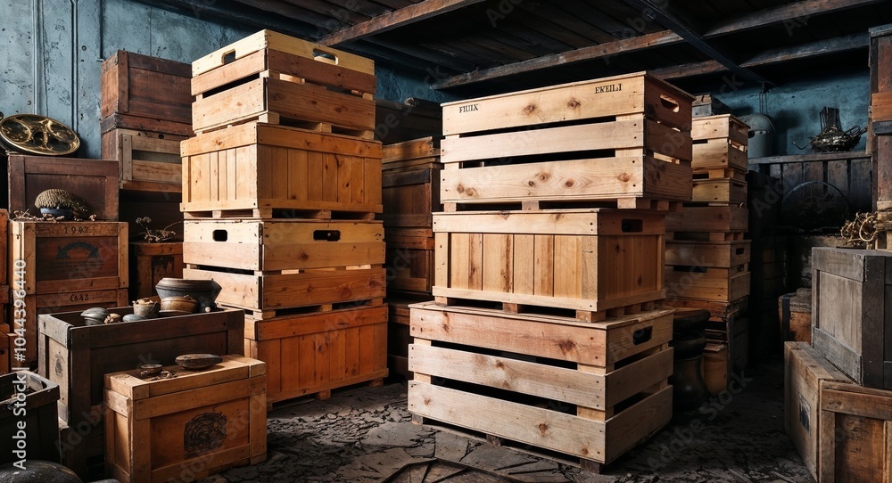 Poster wooden crates stacked high in a forgotten storage room filled with relics background hinting at unto