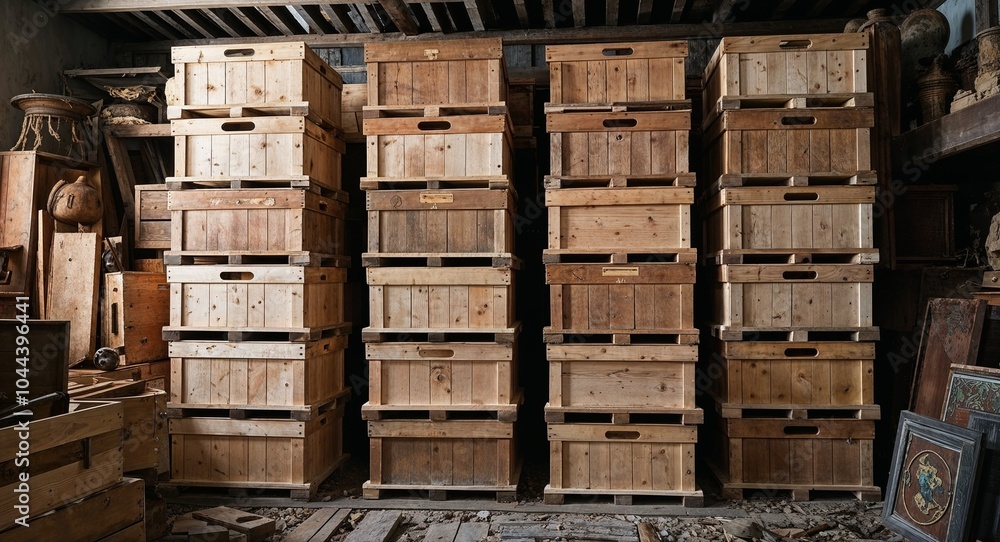 Poster wooden crates stacked high in a forgotten storage room filled with relics background hinting at unto