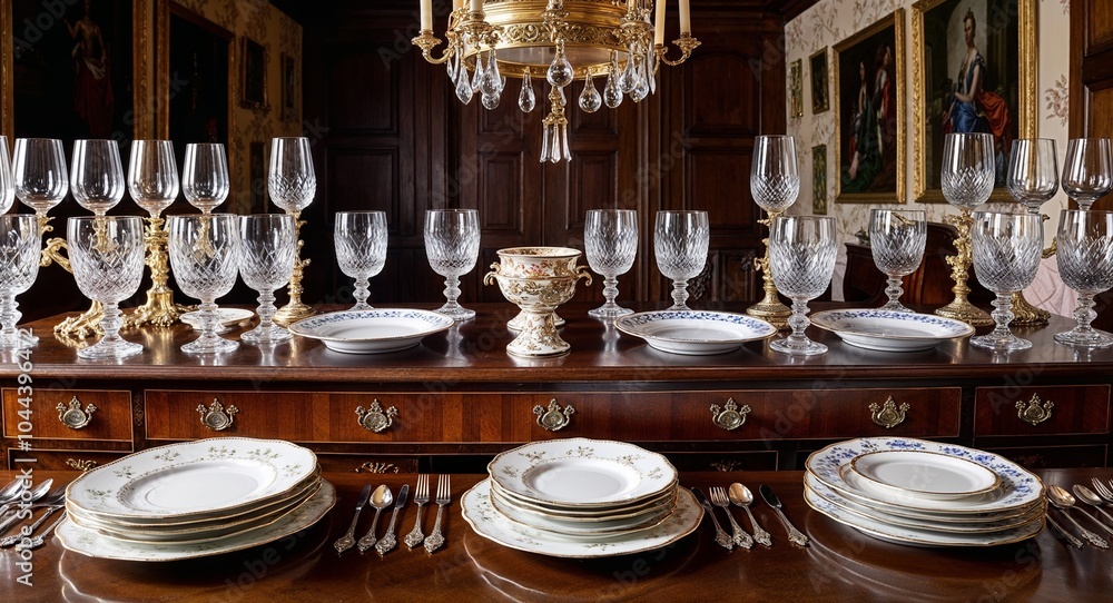 Aufkleber wooden sideboard displaying an array of goblets and ornate dishware in a dining room background rich