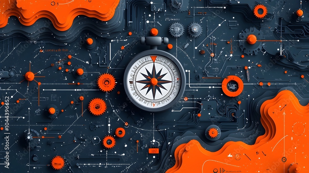 Poster detailed planning and guided execution symbolized by path with compass and gears in flat design on w