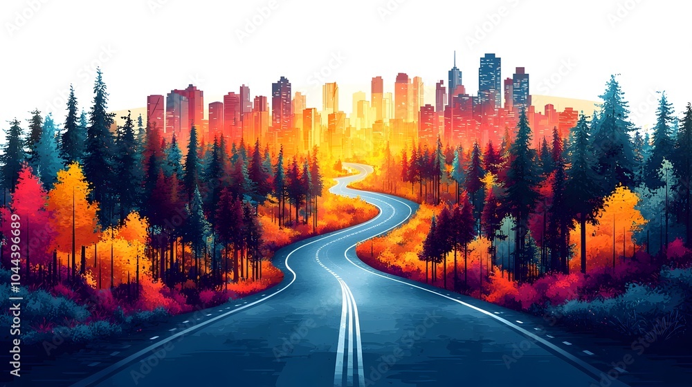 Poster winding road through a simplified flat design of a cityscape symbolizing the guided infrastructure a