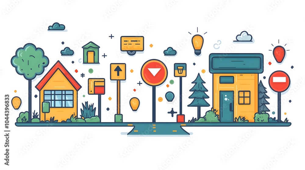 Poster conceptual of a path leading to a destination with road signs symbolizing the planning guidance and 