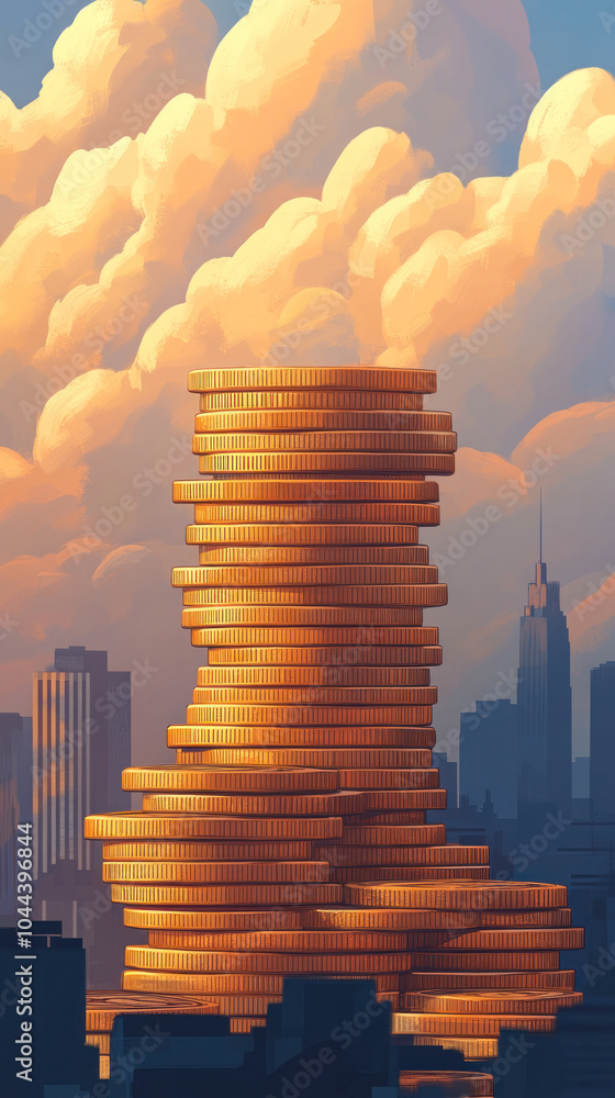 Aufkleber a tall stack of coins is shown in front of a city skyline. the coins are piled on top of each other,