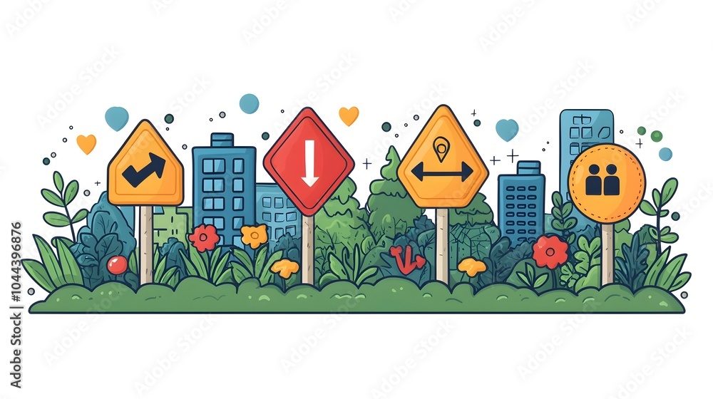 Poster flat of a path with road signs and signposts pointing towards a destination symbolizing planning gui