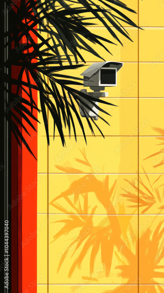 Poster a camera is mounted on a wall next to a palm tree. the camera is black and white and is pointed towa