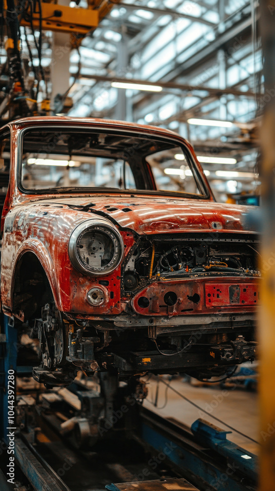 Poster a red car is being worked on in a factory. the car is in the process of being repaired and is not ye