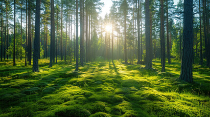Fototapeta premium Forest view in tall trees and sunrise 