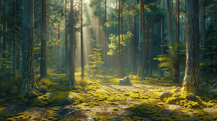 Forest view in tall trees and sunrise 