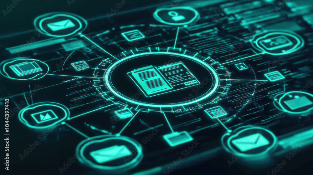 Poster a computer screen with a green circle in the middle and many icons surrounding it. the circle is lab