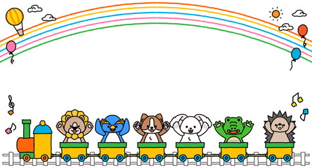 可愛い動物さんたちが電車に乗ったメッセージフレーム2A