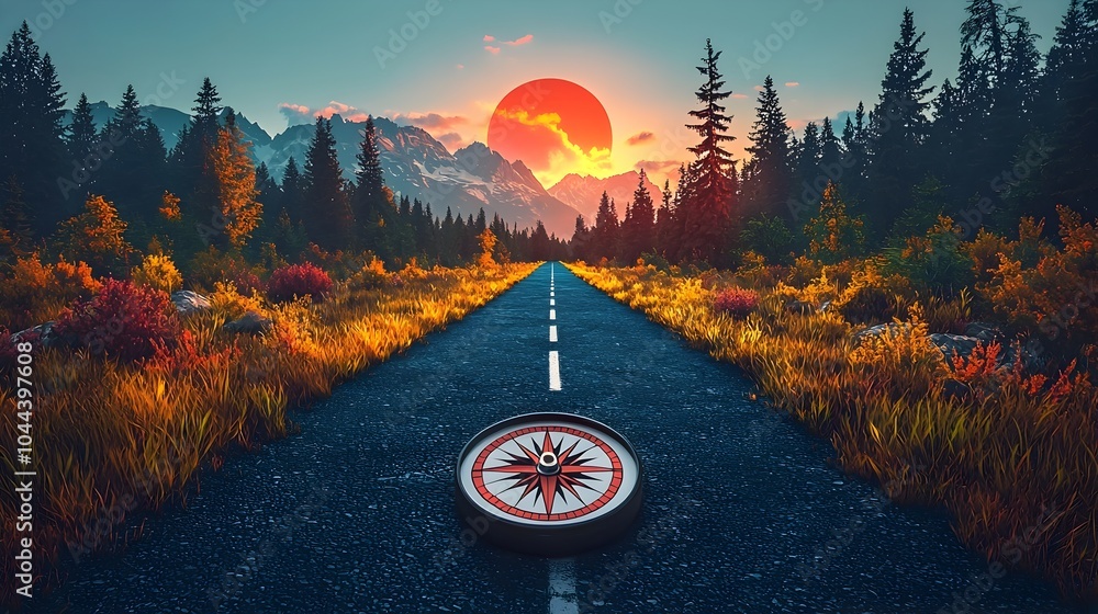 Poster compass on a roadmap visualizing direction and planning in flat design on isolated white background 