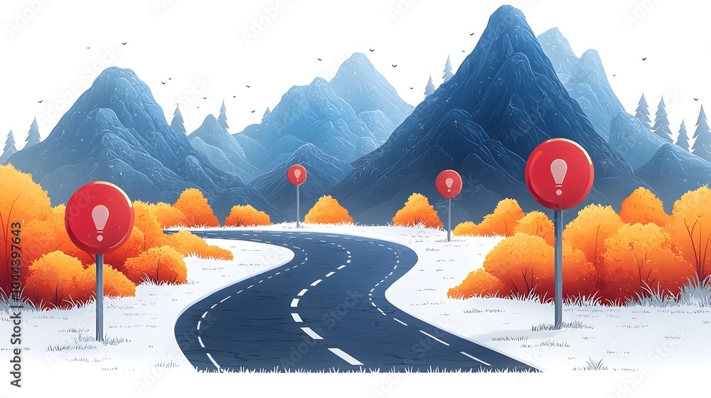 Poster flat design of a road with milestone and marker symbols representing the concept of guided planning 