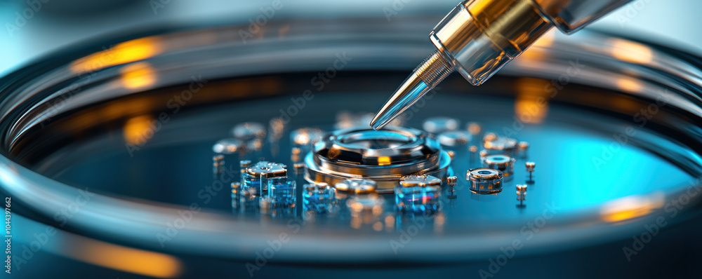 Poster a close up of a small disk with a needle poking out of it. the disk is surrounded by many small gear