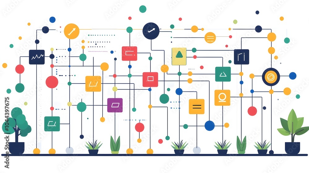 Poster flat design of a map transforming into a business flowchart visualizing strategies frameworks and da