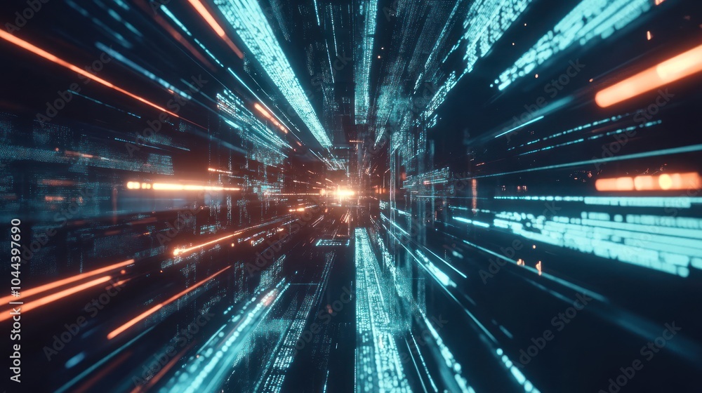 Poster a futuristic digital landscape with streaks of light representing data flow and motion.