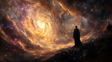 Fototapeta premium A celestial backdrop where the being's aura interacts with the cosmic tapestry of stars and galaxies