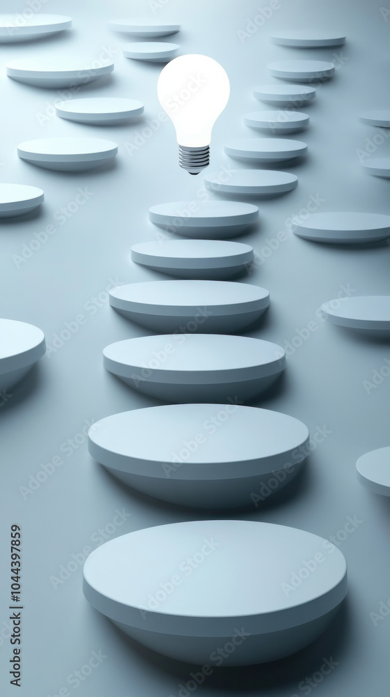 Poster a light bulb is lit up in the middle of a staircase. the staircase is made up of white circles, and 