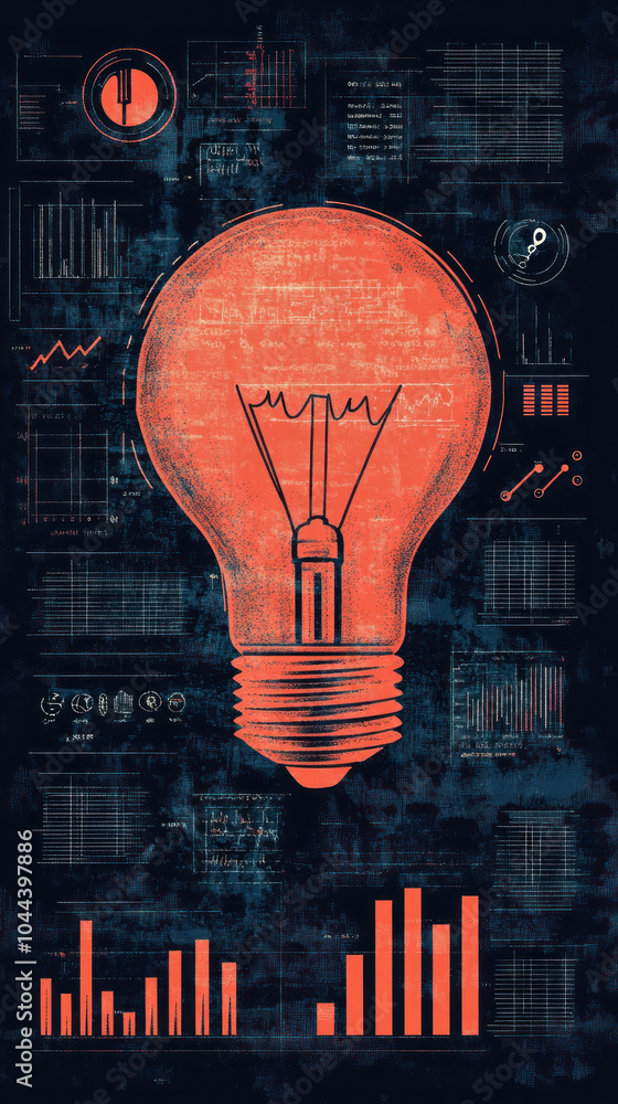 Poster a light bulb is drawn on a black background with a lot of numbers and graphs. the light bulb is oran