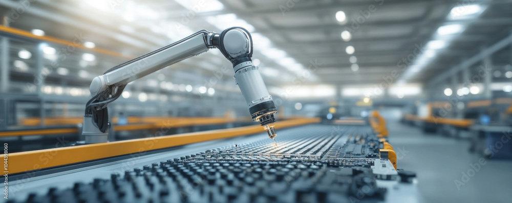 Poster a robot is working on a piece of machinery in a factory. the robot is surrounded by other machines a