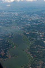 Obraz premium Aerial view of landscape in Japan on the flight approach into Narita airport