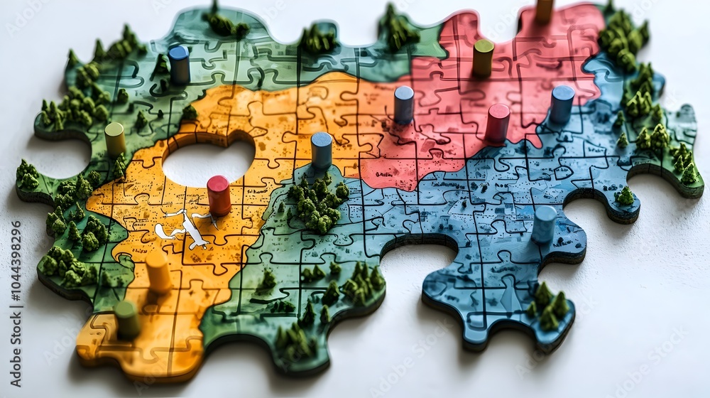 Poster a flat design showcasing puzzle pieces coming together to form a roadmap visualizing a strategic fra