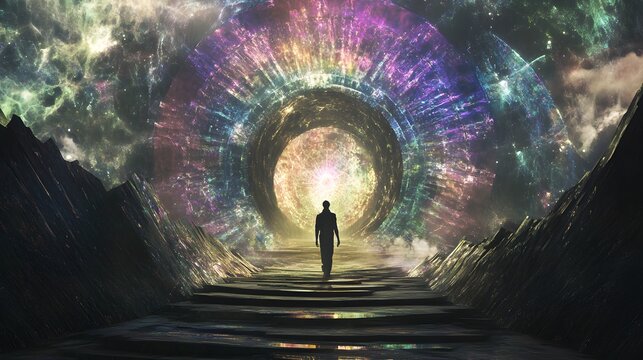 A luminous portal opening behind the being with fractal patterns inviting exploration of new dimensions