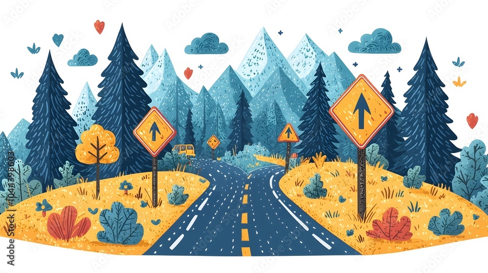 Poster detailed flat design of road with signposts directional arrows and journey guidance elements on clea