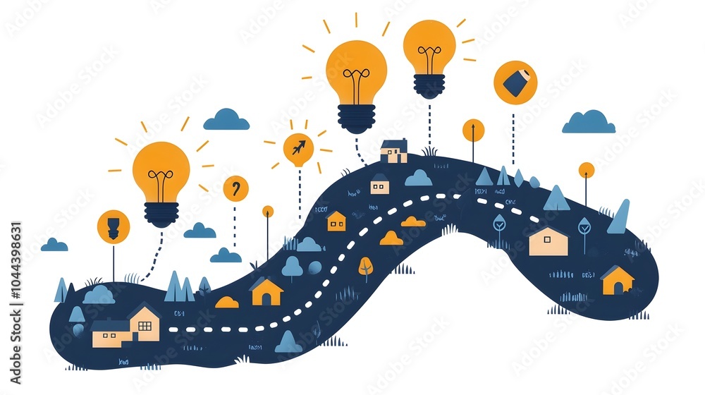 Poster flat design of a lightbulb that is transforming into a strategic roadmap showcasing the evolution of