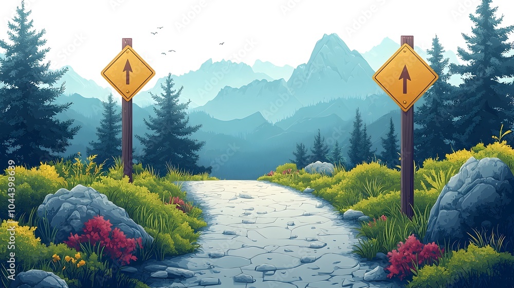 Poster detailed journey plan with signposts and arrows on white background flat design showing direction gu