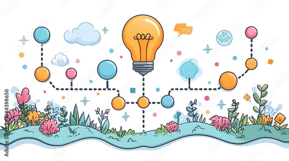 Poster conceptual depicting a lightbulb transitioning into a roadmap symbolizing how an initial idea can ev