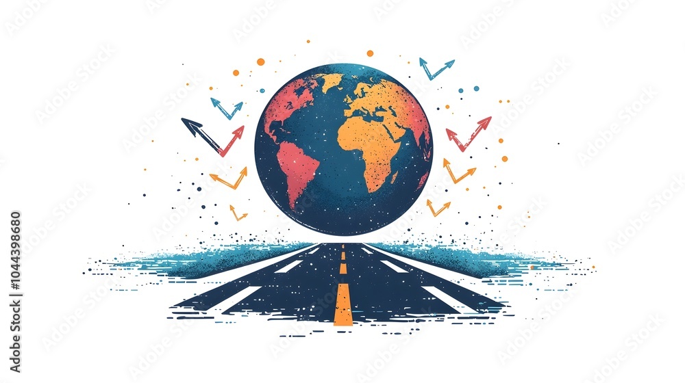 Poster conceptual globe with road paths and directional arrows visualizing the concept of global planning g
