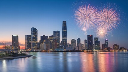 Obraz premium City skyline with fireworks at night