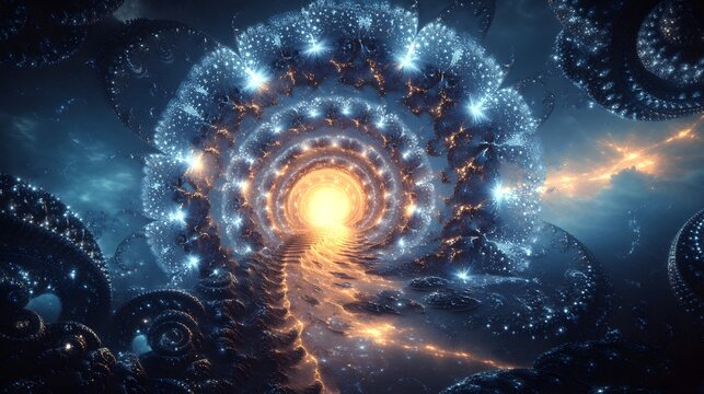A luminous portal opening behind the being with fractal patterns inviting exploration of new dimensions