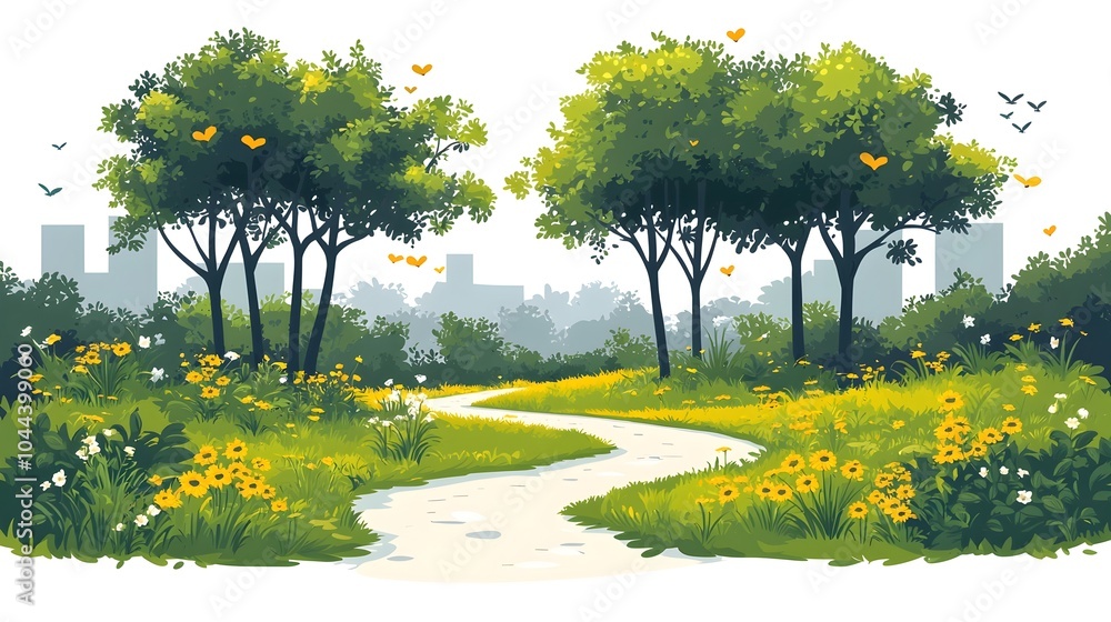 Poster winding forest path representing planning guidance and direction through complex natural terrain min