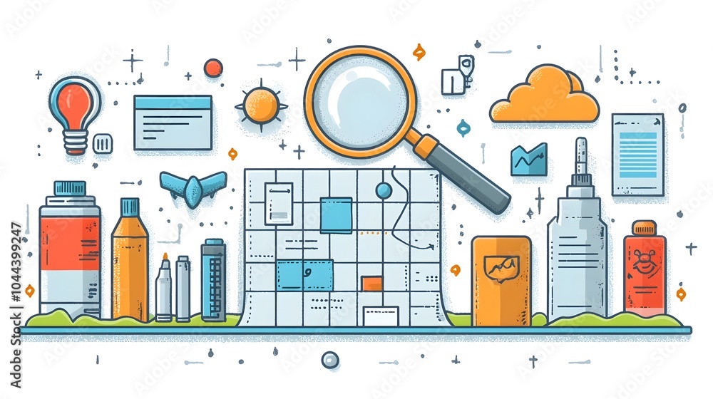 Poster roadmap with magnifying glass symbolizing strategic planning and focus in flat design on isolated wh