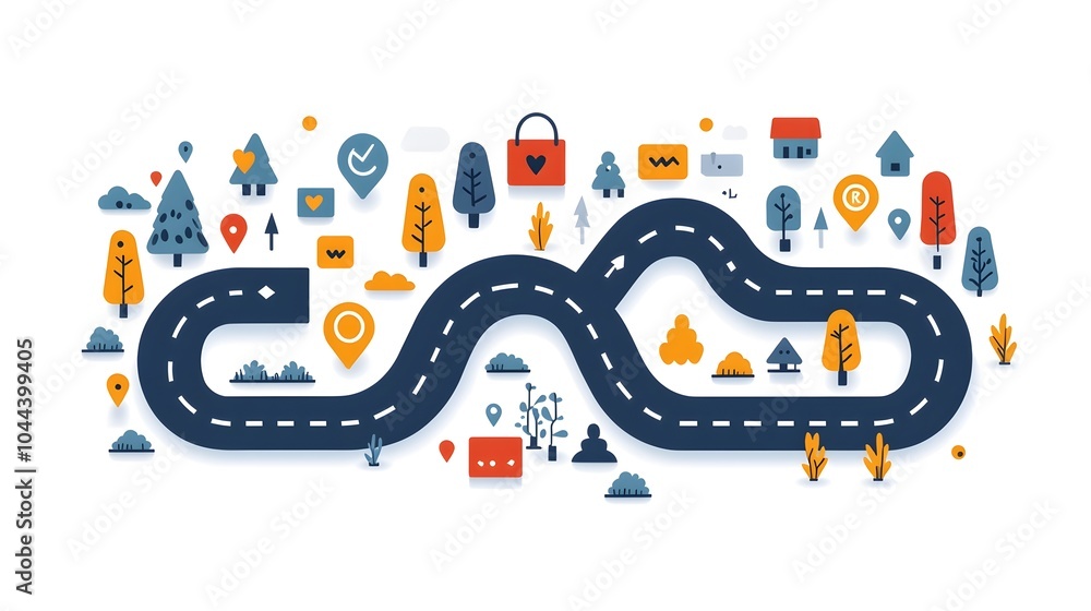Poster flat design of a path with checkpoints and directional arrows symbolizing a step by step planning an